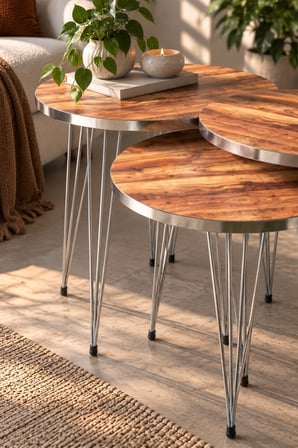 SuloraHome Gümüş Tel Ayaklı Ceviz Desenli 3'lü Zigon Sehpa Takımı