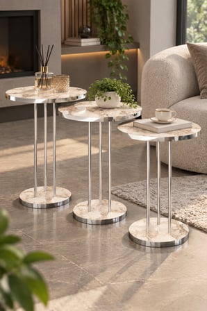 SuloraHome Gümüş Metal Ayaklı Efes Mermer Desenli 3'lü Zigon Sehpa Takımı