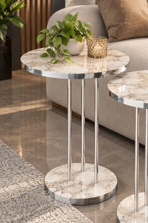 SuloraHome Gümüş Metal Ayaklı Efes Mermer Desenli 3'lü Zigon Sehpa Takımı