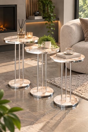 SuloraHome Gümüş Metal Ayaklı Efes Mermer Desenli 3'lü Zigon Sehpa Takımı