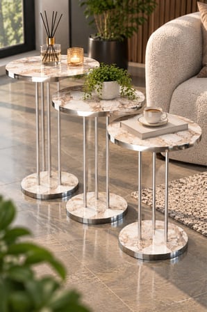 SuloraHome Gümüş Metal Ayaklı Efes Mermer Desenli 3'lü Zigon Sehpa Takımı