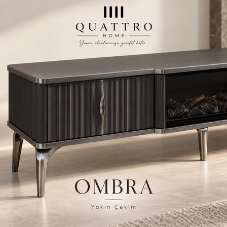 Ombra Şömineli TV Ünitesi Koyu Gri Metalik Detaylı Modern Tasarım 160 cm