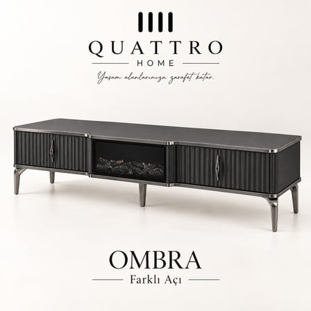 Ombra Şömineli TV Ünitesi Koyu Gri Metalik Detaylı Modern Tasarım 160 cm
