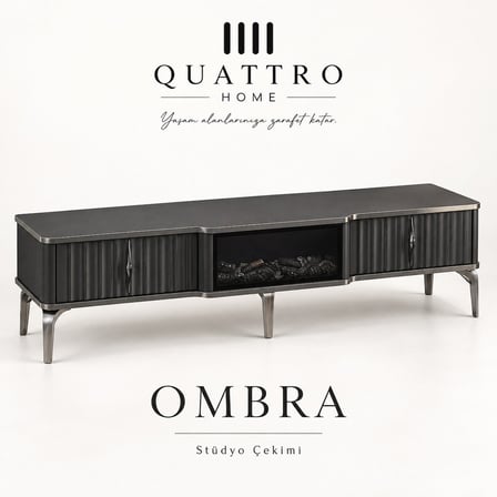 Ombra Şömineli TV Ünitesi Koyu Gri Metalik Detaylı Modern Tasarım 160 cm