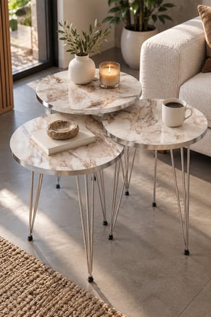 SuloraHome Beyaz Gümüş Tel Ayaklı 3'lü Zigon Sehpa Takımı