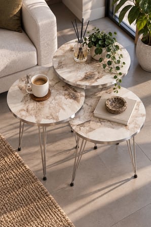 SuloraHome Beyaz Gümüş Tel Ayaklı 3'lü Zigon Sehpa Takımı