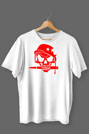 Kurukafa Baskılı Pamuklu Likralı T-shirt (Kırmızı Desenli Beyaz) XL Beden
