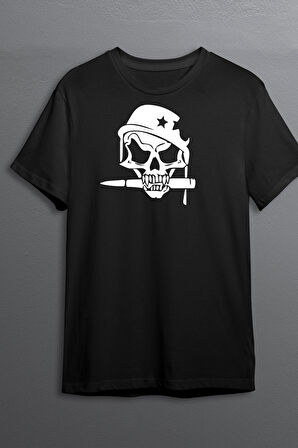 Kurukafa Baskılı Pamuklu Likralı T-shirt (Beyaz Desenli Siyah) S Beden