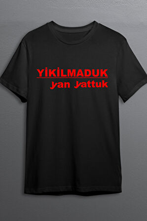 Yıkılmaduk Yan Yattuk Baskılı Pamuklu Likralı T-shirt (Kırmızı Yazılı Siyah) L Beden