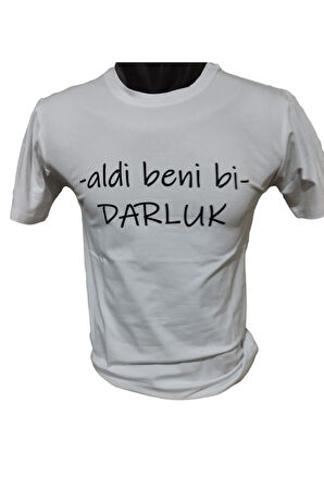 Aldi Beni Bi Darluk Baskılı Pamuklu Likralı T-shirt (Siyah Yazılı Beyaz) M Beden