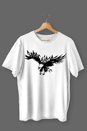 Kartal Baskılı Pamuklu Likralı T-shirt (Siyah Desenli Beyaz) L Beden