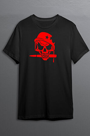 Kurukafa Baskılı Pamuklu Likralı T-shirt (Kırmızı Desenli Siyah) S Beden