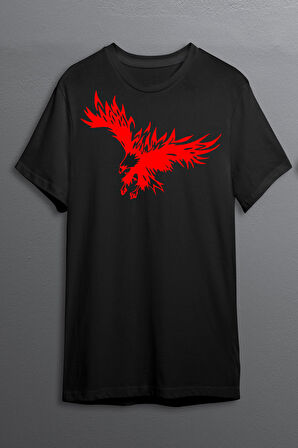 Kartal Baskılı Pamuklu Likralı T-shirt (Kırmızı Desenli Siyah) S Beden