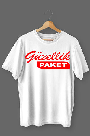 Güzellik Paket Baskılı Pamuklu Likralı T-shirt (Kırmızı Yazılı Beyaz) M Beden