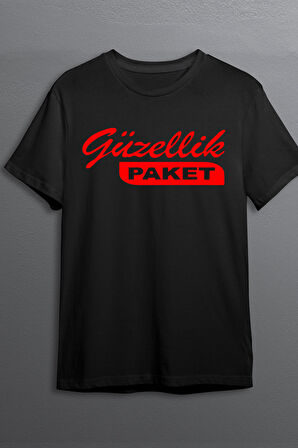 Güzellik Paket Baskılı Pamuklu Likralı T-shirt (Kırmızı Yazılı Siyah) L Beden