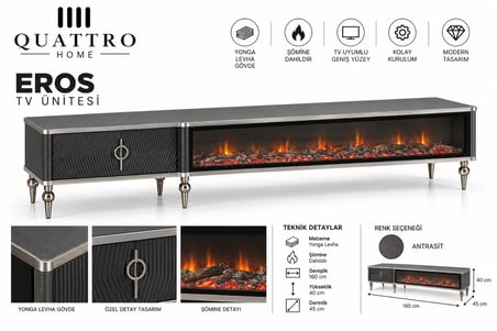 Eros Elektrikli Şömineli TV Ünitesi Antrasit Gümüş Detaylı Modern Tasarım 160 cm