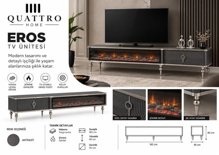 Eros Elektrikli Şömineli TV Ünitesi Antrasit Gümüş Detaylı Modern Tasarım 160 cm