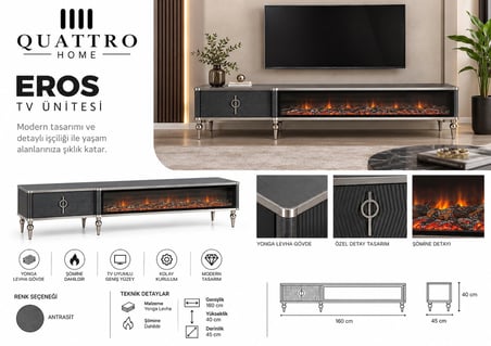 Eros Elektrikli Şömineli TV Ünitesi Antrasit Gümüş Detaylı Modern Tasarım 160 cm