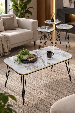 SuloraHome Beyaz Mermer Desenli 4'lü Sehpa Seti - Siyah Metal Ayaklı