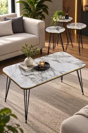 SuloraHome Beyaz Mermer Desenli 4'lü Sehpa Seti - Siyah Metal Ayaklı