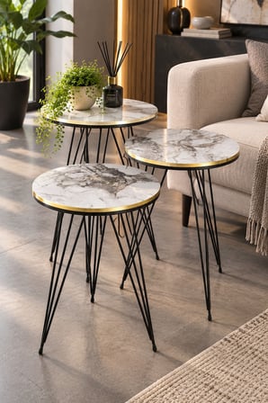 SuloraHome Beyaz Mermer Desenli 4'lü Sehpa Seti - Siyah Metal Ayaklı