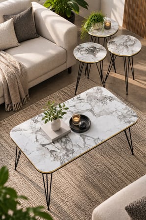 SuloraHome Beyaz Mermer Desenli 4'lü Sehpa Seti - Siyah Metal Ayaklı