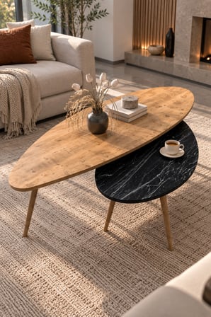 SuloraHome Elips Orta Sehpa Seti Ceviz ve Siyah Suntalam 2'li Takım
