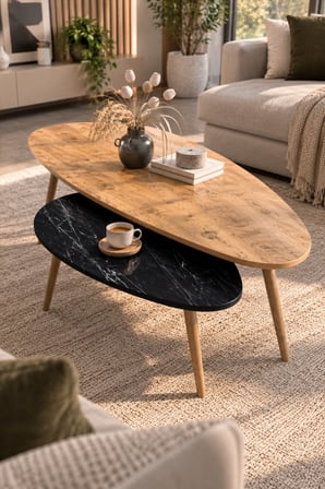 SuloraHome Elips Orta Sehpa Seti Ceviz ve Siyah Suntalam 2'li Takım