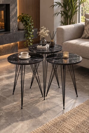 SuloraHome Siyah Mermer Desenli Tel Ayaklı 3'lü Zigon Sehpa Takımı