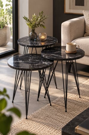 SuloraHome Siyah Mermer Desenli Tel Ayaklı 3'lü Zigon Sehpa Takımı