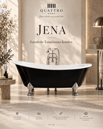 Jena Siyah Ayaklı Serbest Duran Akrilik Küvet – 180 × 80 × 74 cm