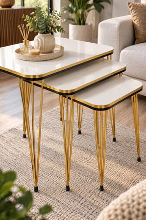 SuloraHome Gold Beyaz Zigon Sehpa Seti 3'lü Çift Kombin