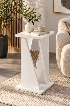 SuloraHome Modern Mermer Desenli Yan Sehpa Beyaz