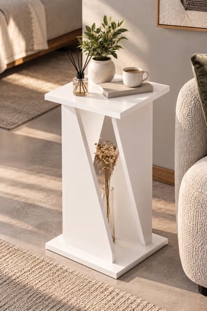 SuloraHome Modern Mermer Desenli Yan Sehpa Beyaz