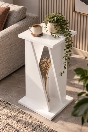 SuloraHome Modern Mermer Desenli Yan Sehpa Beyaz