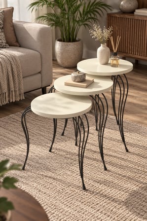 SuloraHome Lükens Metal Ayaklı 3'lü Zigon Sehpa Takımı Krem Bej