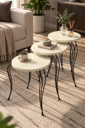 SuloraHome Lükens Metal Ayaklı 3'lü Zigon Sehpa Takımı Krem Bej