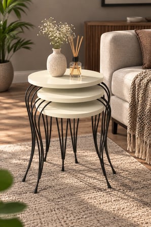 SuloraHome Lükens Metal Ayaklı 3'lü Zigon Sehpa Takımı Krem Bej