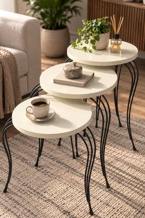 SuloraHome Lükens Metal Ayaklı 3'lü Zigon Sehpa Takımı Krem Bej