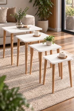 SuloraHome Torna Ayaklı Beyaz Zigon Sehpa Seti 4'lü