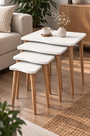 SuloraHome Torna Ayaklı Beyaz Zigon Sehpa Seti 4'lü