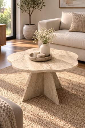SuloraHome Çiçek Formlu Traverten Desenli Bej Orta Sehpa 70 cm