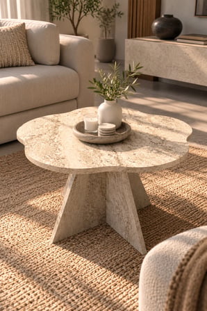 SuloraHome Çiçek Formlu Traverten Desenli Bej Orta Sehpa 70 cm
