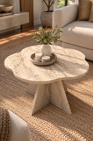 SuloraHome Çiçek Formlu Traverten Desenli Bej Orta Sehpa 70 cm