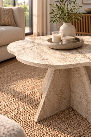 SuloraHome Çiçek Formlu Traverten Desenli Bej Orta Sehpa 70 cm