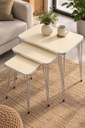 SuloraHome Gold Tel Zigon Sehpa Takımı Krem Bej 3'lü
