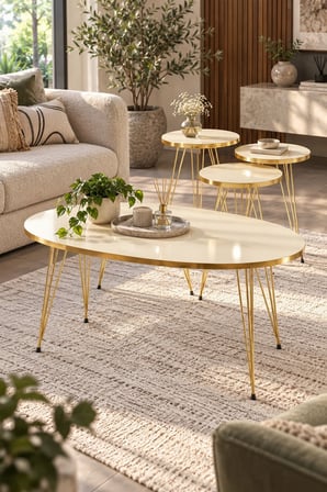 SuloraHome Elips Orta Sehpa ve 3'lü Zigon Sehpa Seti - Gold Krem
