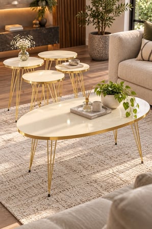 SuloraHome Elips Orta Sehpa ve 3'lü Zigon Sehpa Seti - Gold Krem