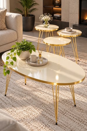 SuloraHome Elips Orta Sehpa ve 3'lü Zigon Sehpa Seti - Gold Krem