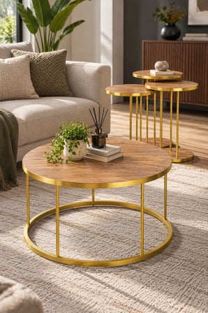 SuloraHome 4'lü Yuvarlak Sehpa Seti Ceviz ve Gold Metal Ayaklı